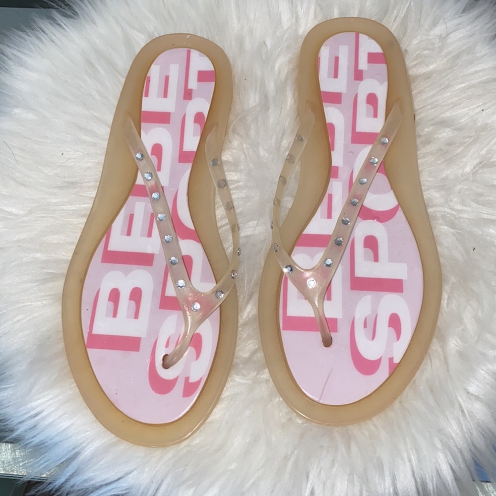 NEW! Bebe Sport jelly flip flop sandals with rhinestones